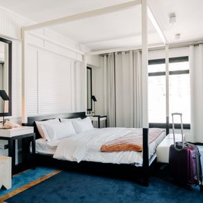 Interior of modern hotel bedroom