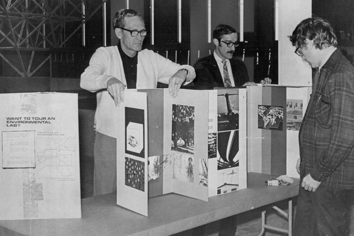 Preparations for Earth Day Teach - In Start; Readying a display booth at Currigan Hall are, from left. Charles Petersen, project officer, and Ed Harris and Bob Page, recreation resource specialists with the U.S. Department of the Interior Bureau of Outdoor Recreation; April 1970.