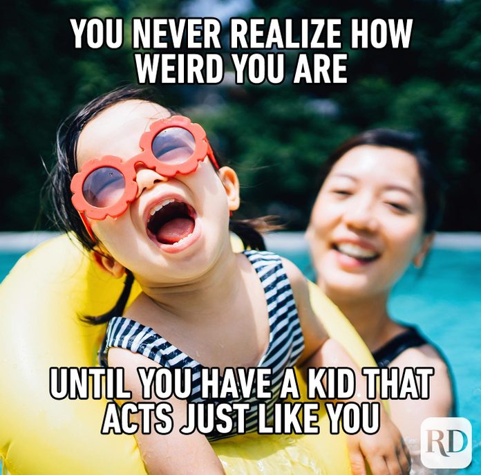 Mom and daughter in the pool, screaming and laughing. MEME TEXT: You never realize how weird you are until you have a kid that acts just like you
