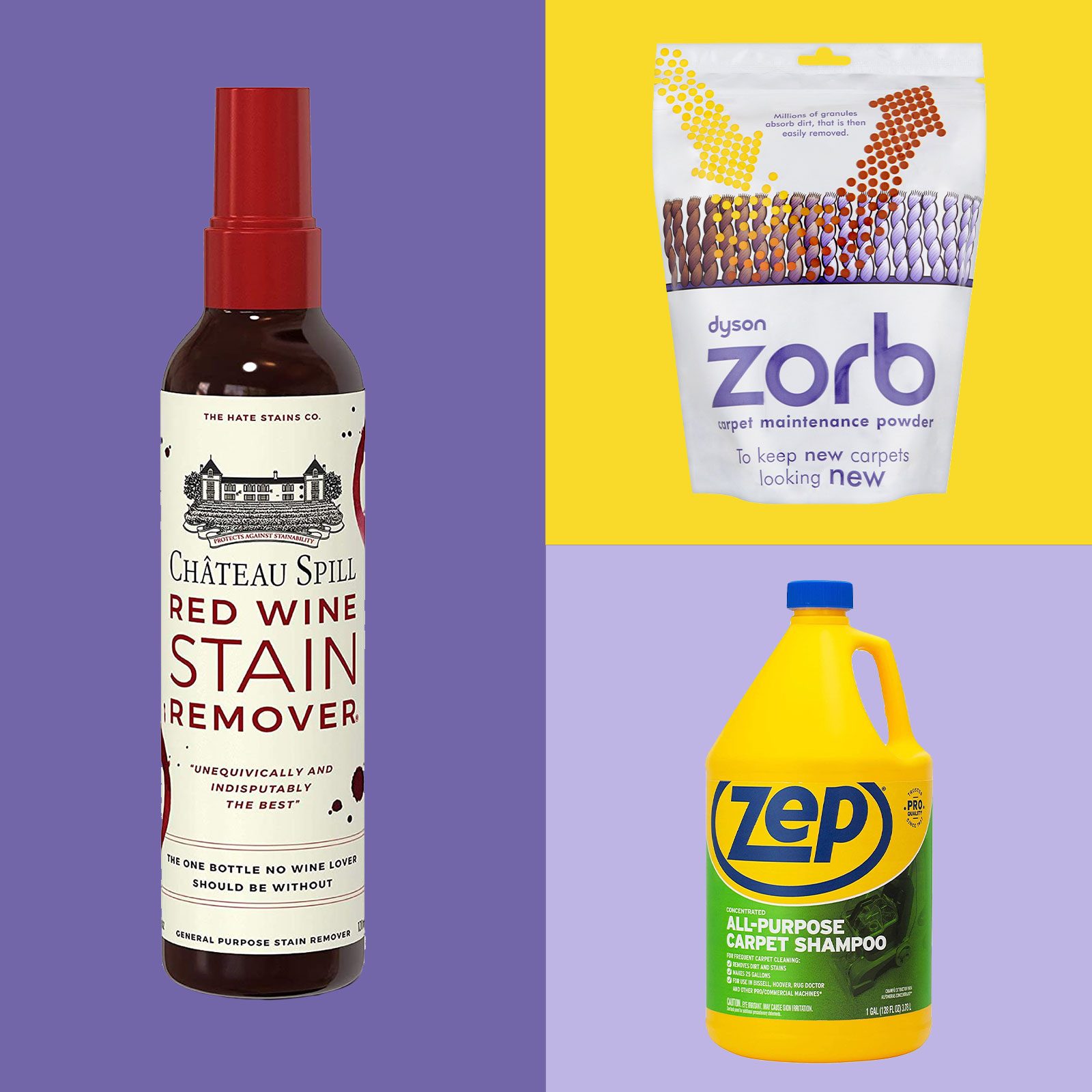 Yellow and purple grid of different stain removers