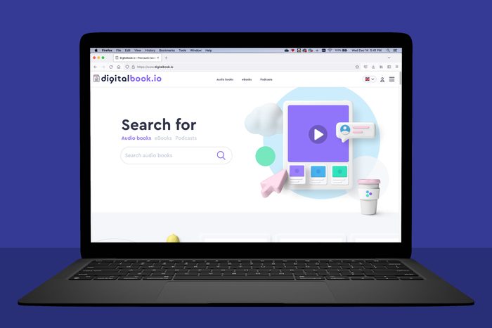 laptop showing digitalbook.io; blue background