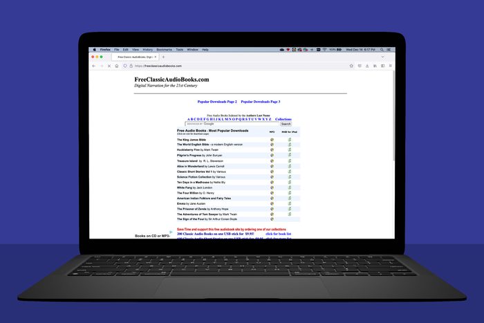 laptop showing freeclassicaudiobooks.com; blue background