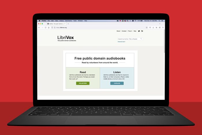 laptop showing librivox.org; red background