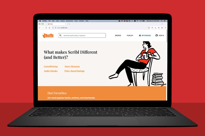 laptop showing scribl.com; red background