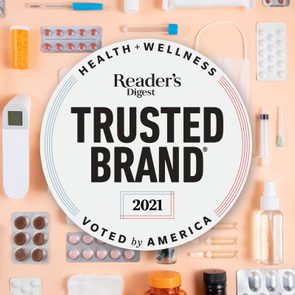 health and wellness products on peach background with 2021 Trusted Brands logo