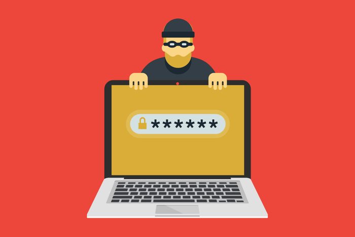 Illustration of laptop computer and cyber criminal looking for password