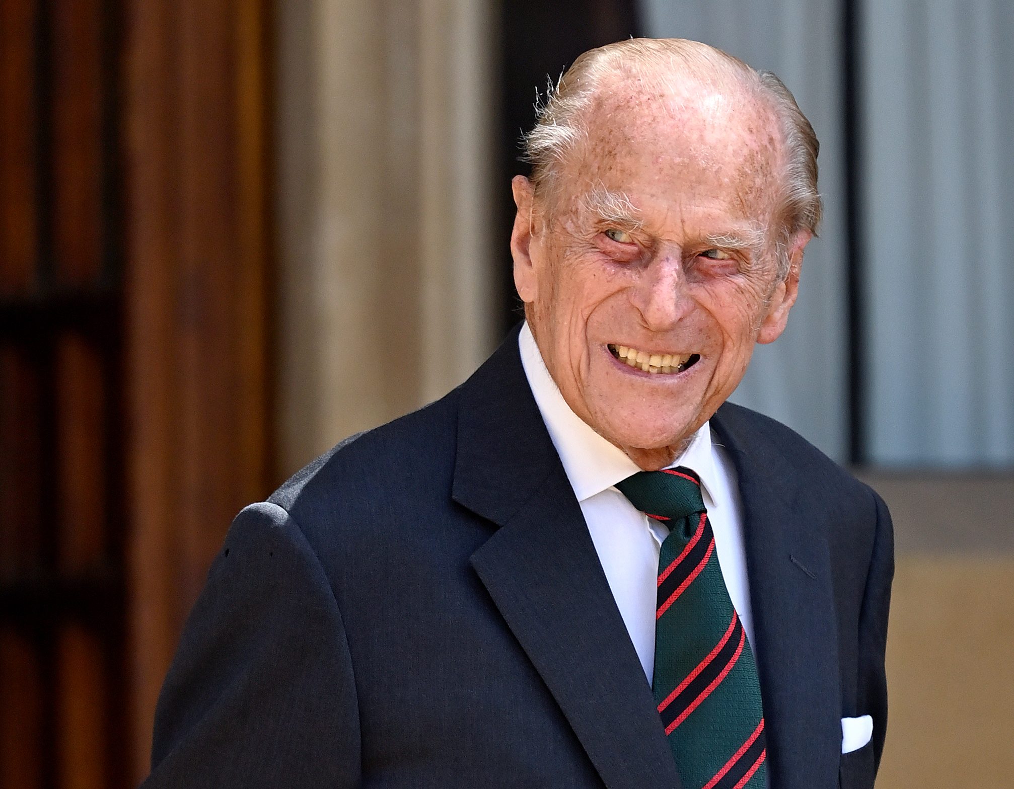 Prince Philip, Duke of Edinburgh (wearing the regimental tie of The Rifles) attends a ceremony to mark the transfer of the Colonel-in-Chief of The Rifles from him to Camilla, Duchess of Cornwall at Windsor Castle on July 22, 2020 in Windsor, England.