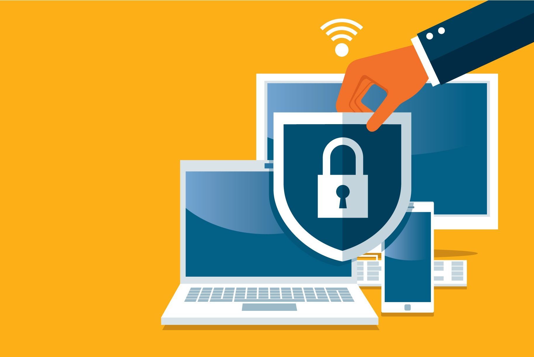 illustration of hand and a lock protecting multiple different online devices