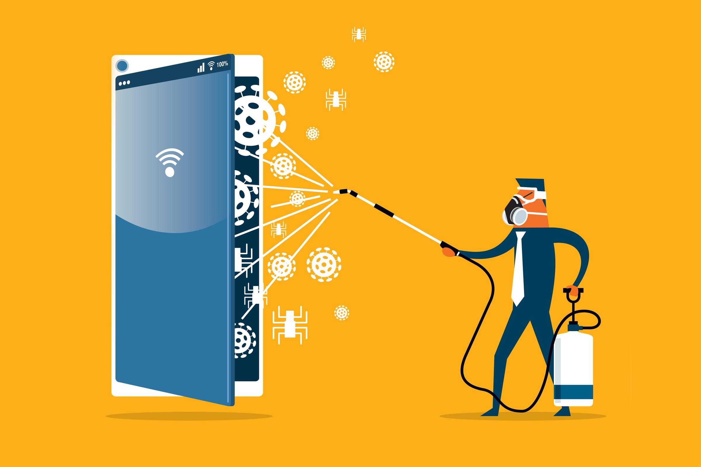 man exterminating computer virus illustration