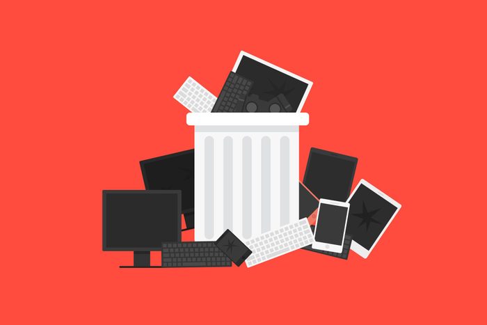 illustration of old electronics in a garbage can, red background