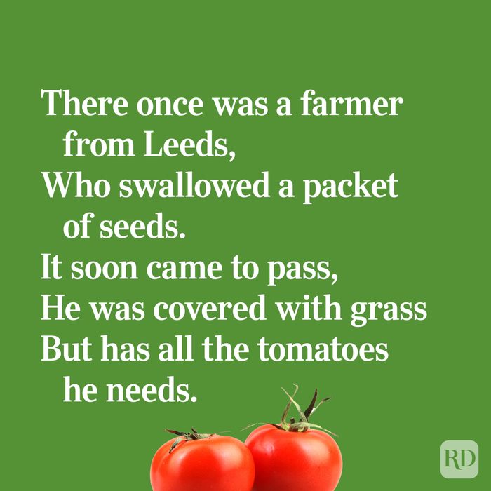 Quirky limerick about a farmer who swallowed tomato seeds