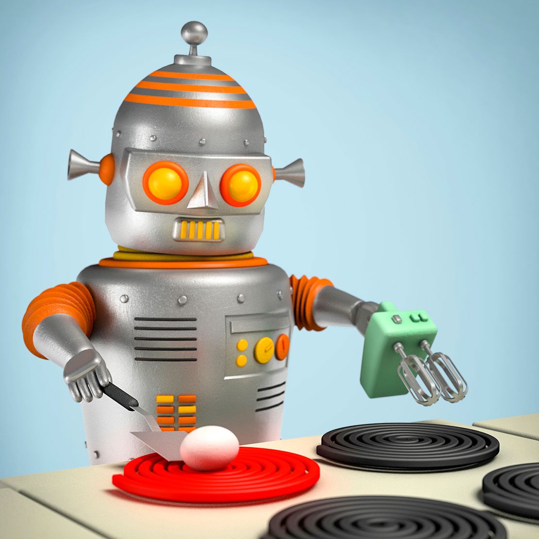 robot incorrectly cooking an egg directly on a stove burner with it still in the shell