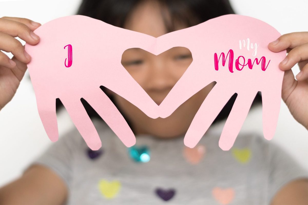 Handmade Recycled Craft Blue Card Paper In Hand Shape With Heart Inside With Text