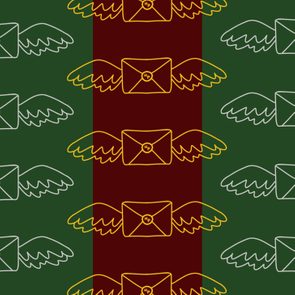 Harry Potter envelopes with flying wings on garnet and green background