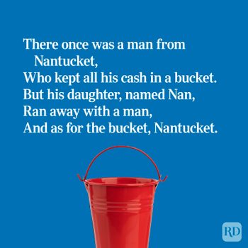 Example of a limerick poem on a blue background with a red bucket