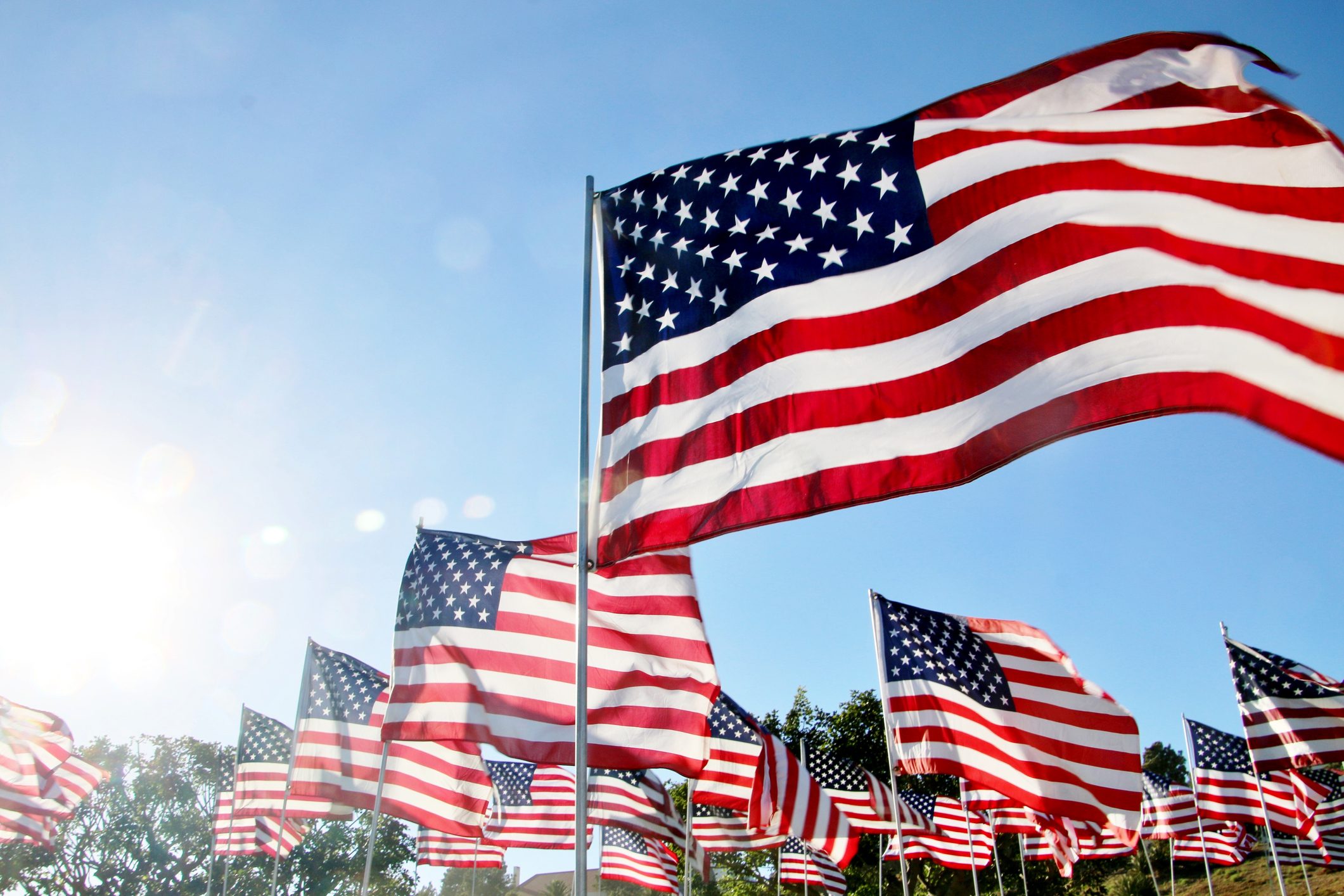 american flags blow in the wind on a sunny day in Malibu, CA