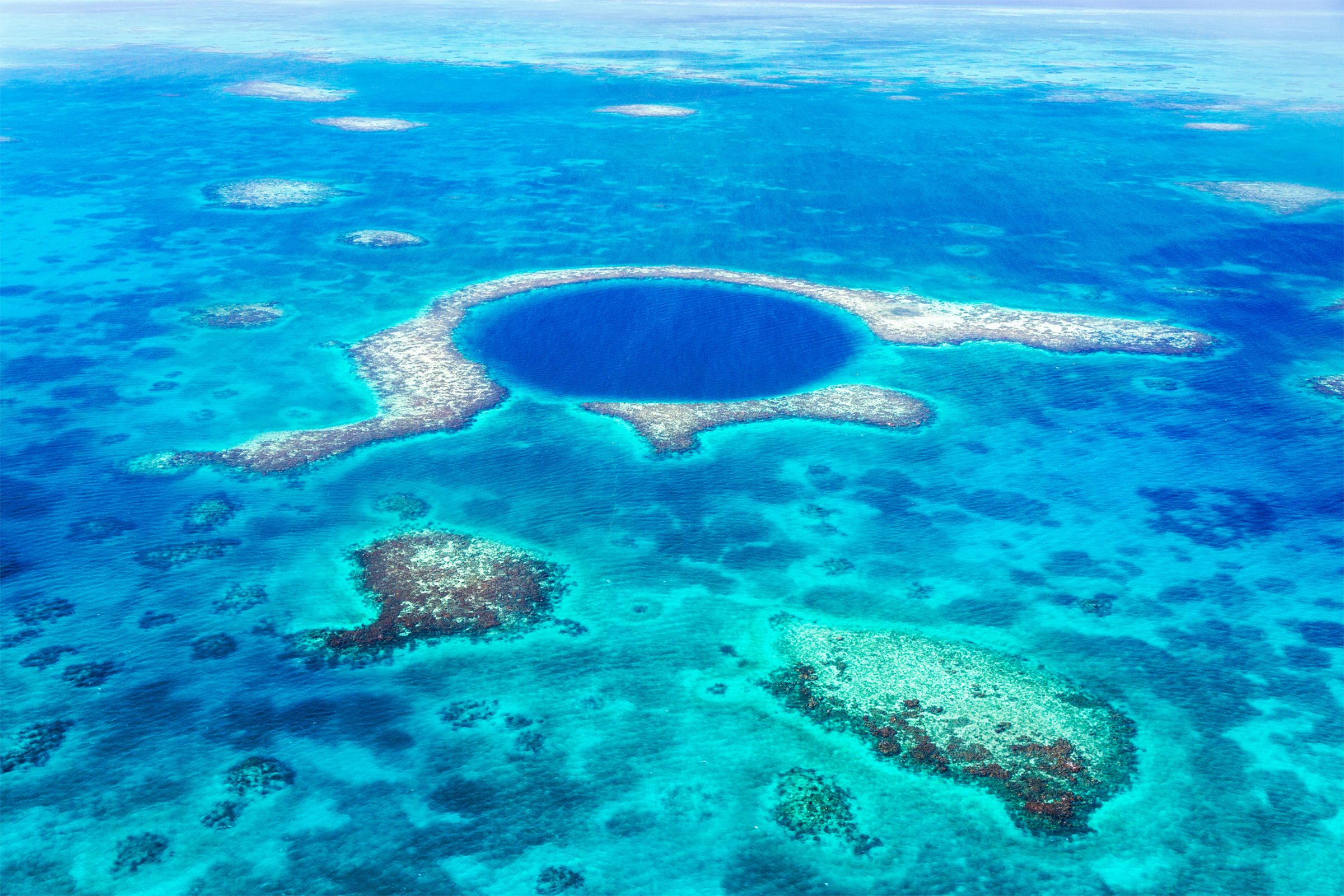 Aerial view of the Great Blue Hole in Belize