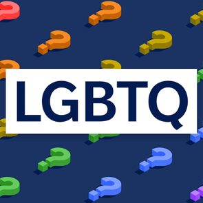 LGBTQ letters over rainbow question mark background