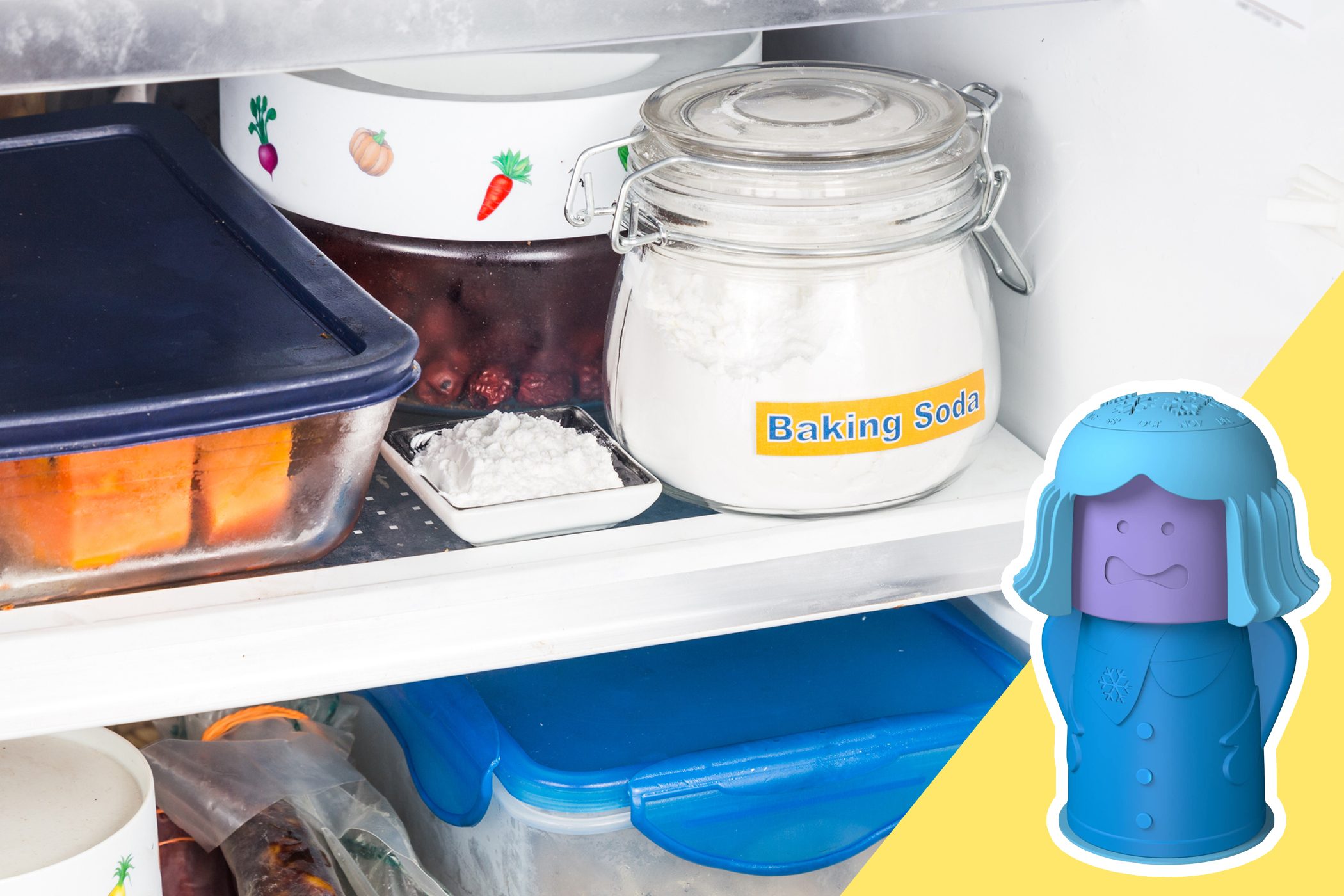 Baking Soda in the fridge with inset of baking soda dispenser