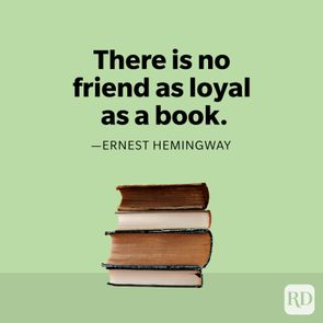 Ernest Hemingway book lover quote with stack of books