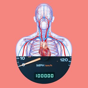 Circulatory System drawing collaged with odometer that reads 100,000 miles