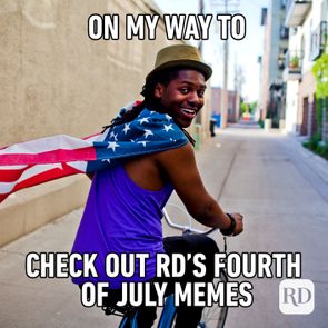 Man wearing American flag and riding bike with meme text: 'On my way to check out RD's Fourth of July memes'