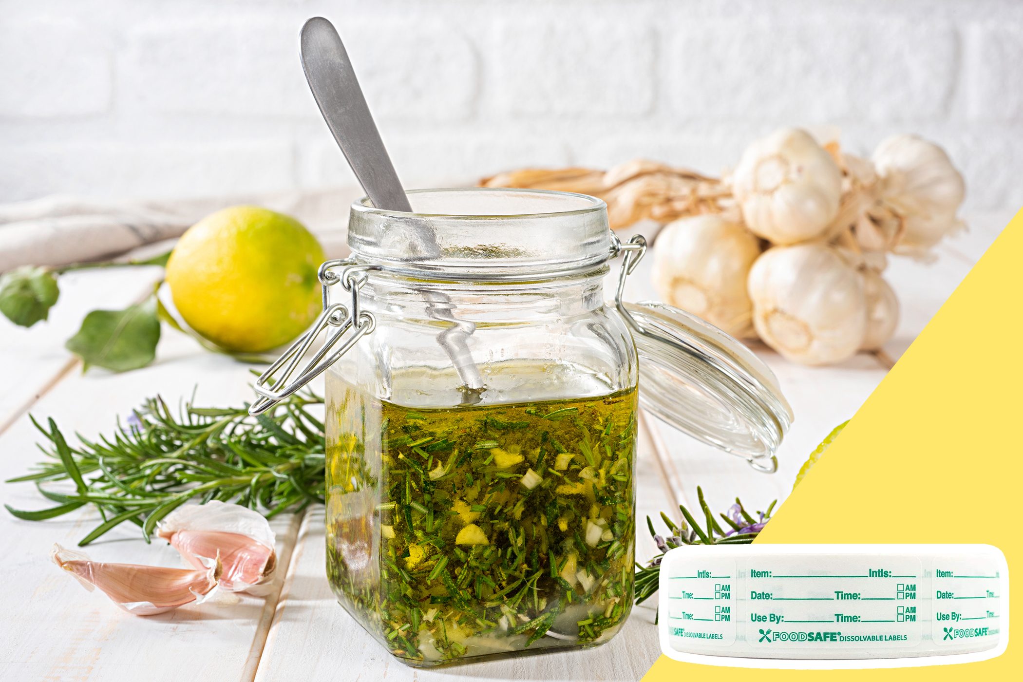 Homemade Salar Dressing with inset of a role of labels