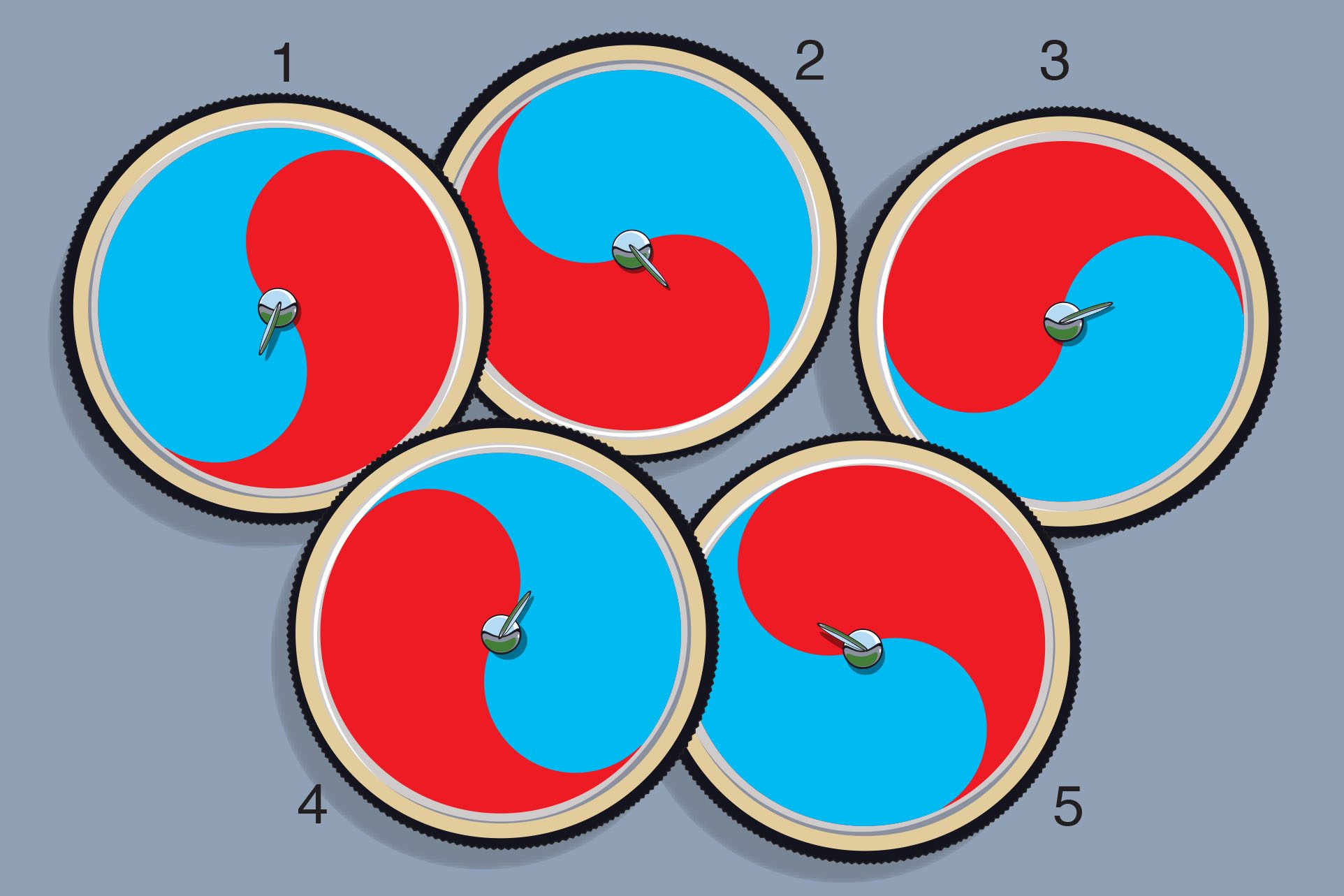 Illustration of five red and blue wheels on gray background