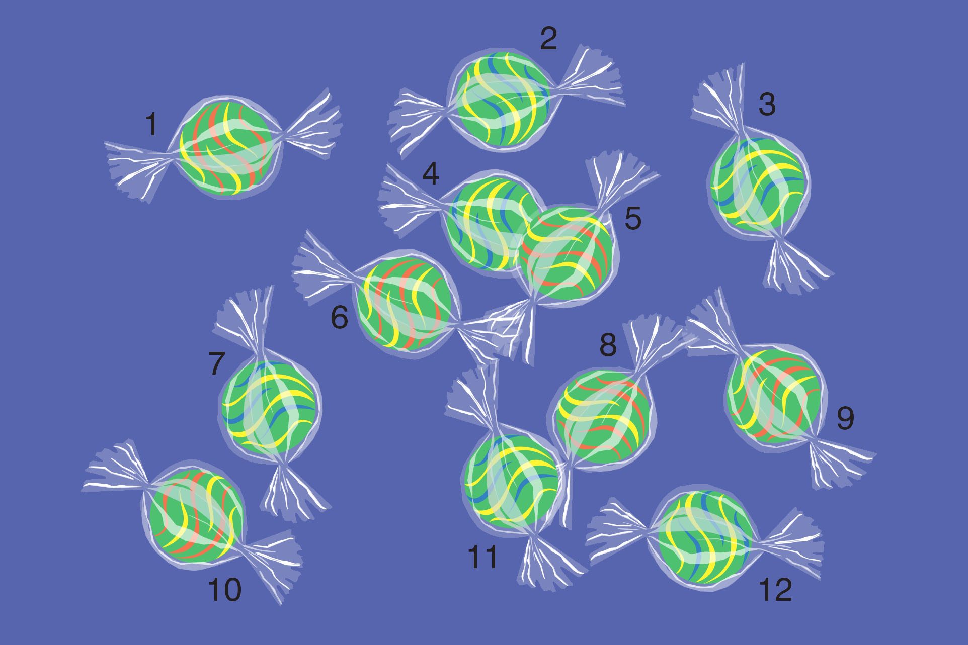 Illustration of numbered pieces of candy on blue background