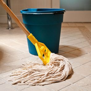 Mop and bucket on the bathroom floor