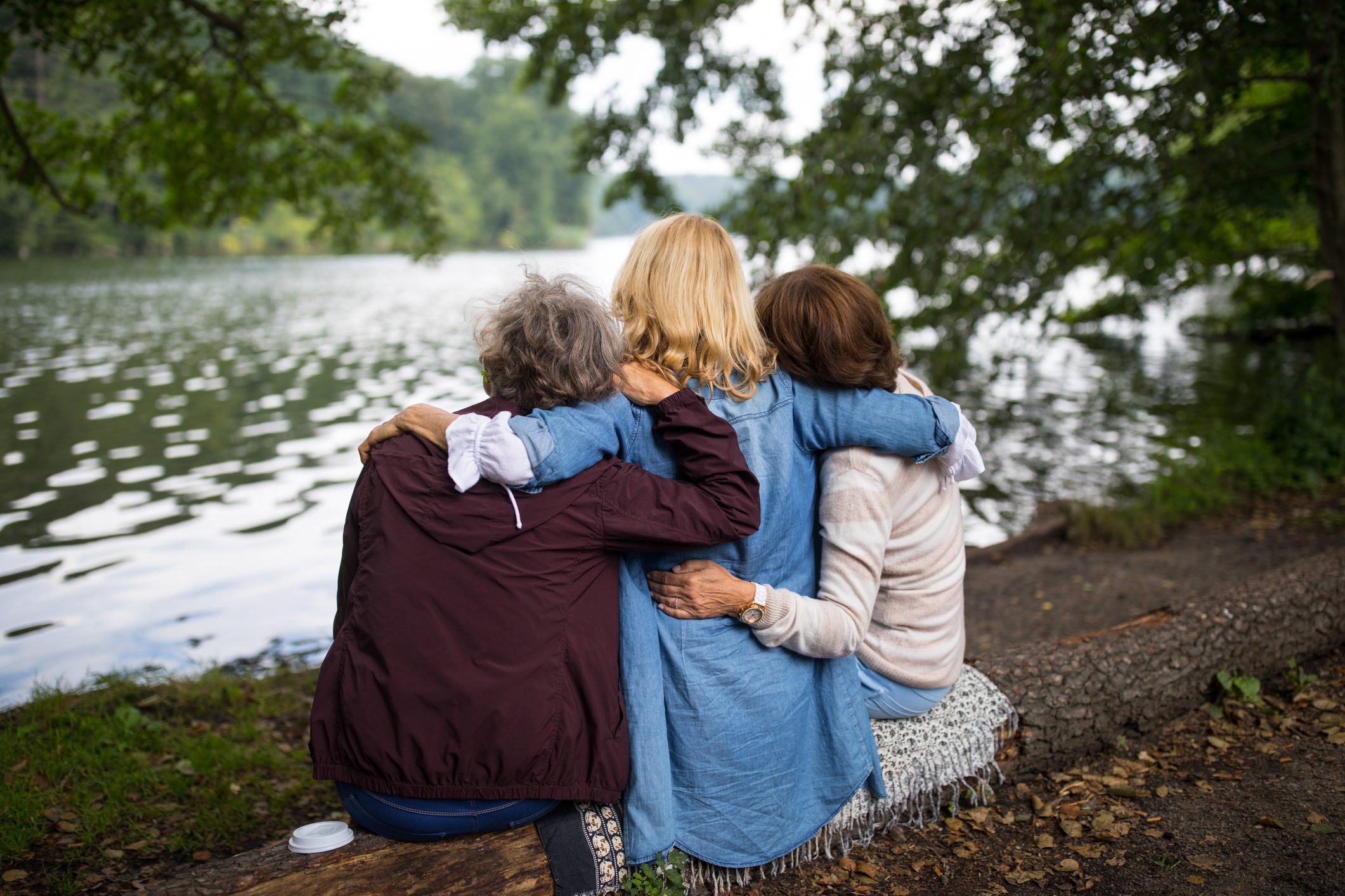 Rear view of women with arms around at lakeshore