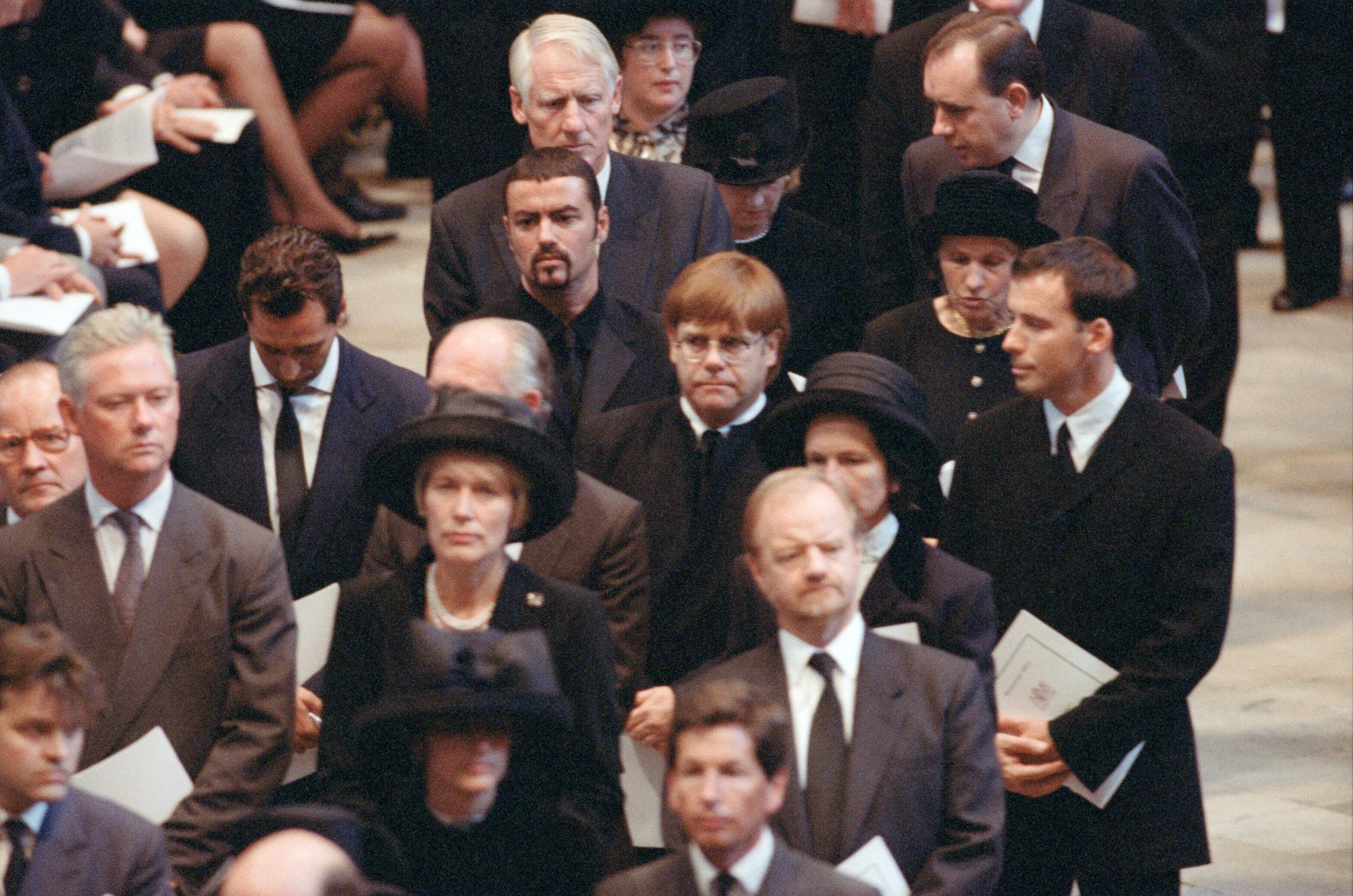 The funeral of Diana, Princess of Wales at Westminster Abbey, London. George Michael, Elton John and David Furnish