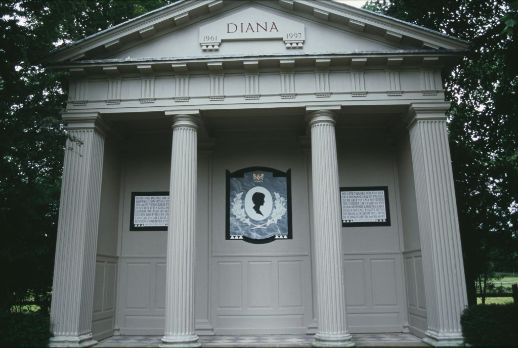 The memorial on the island in a lake on the Althorp estate, where Diana, Princess of Wales (1961-1997), was laid to rest