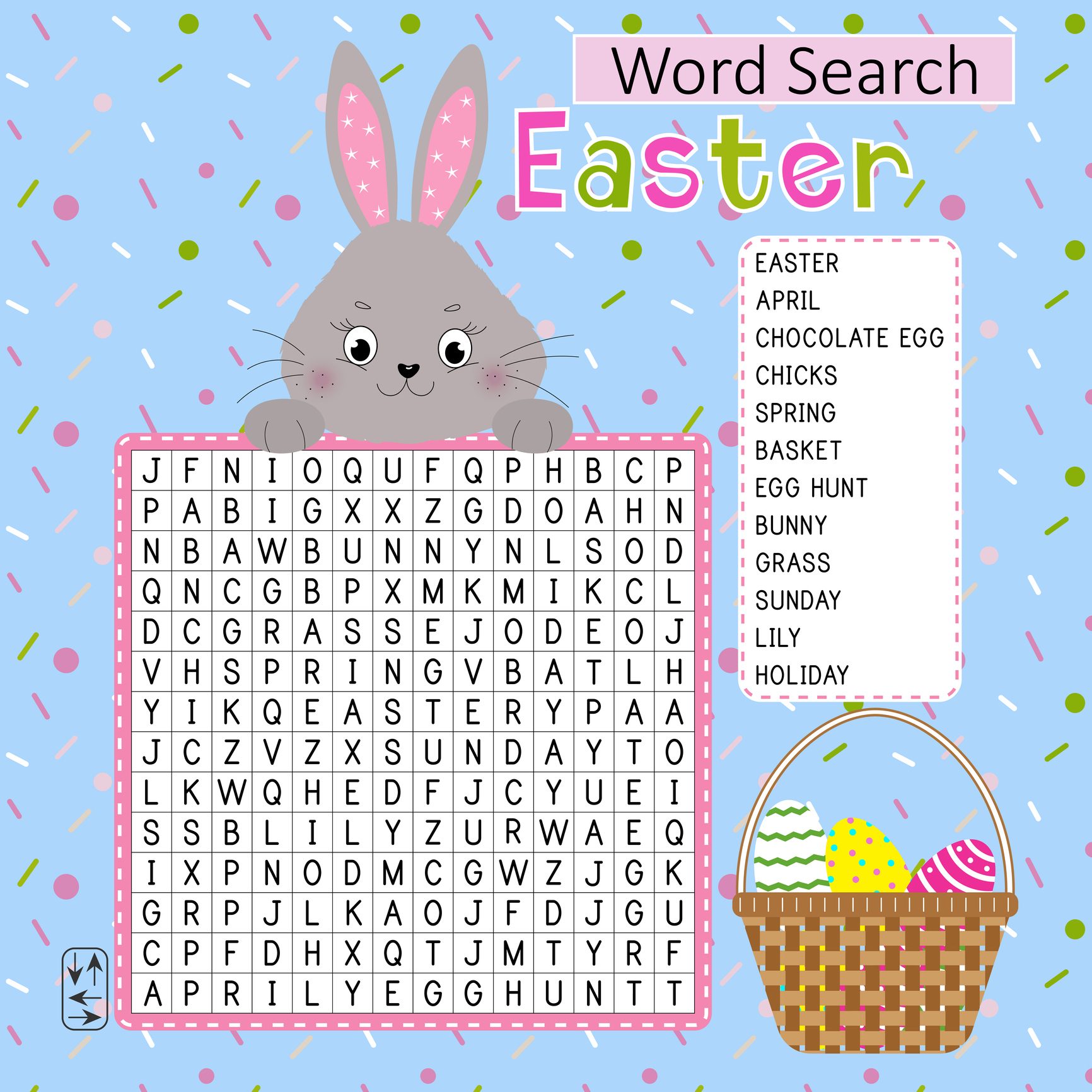 Easter Word Search Puzzle With Cute Rabbit And Basket.