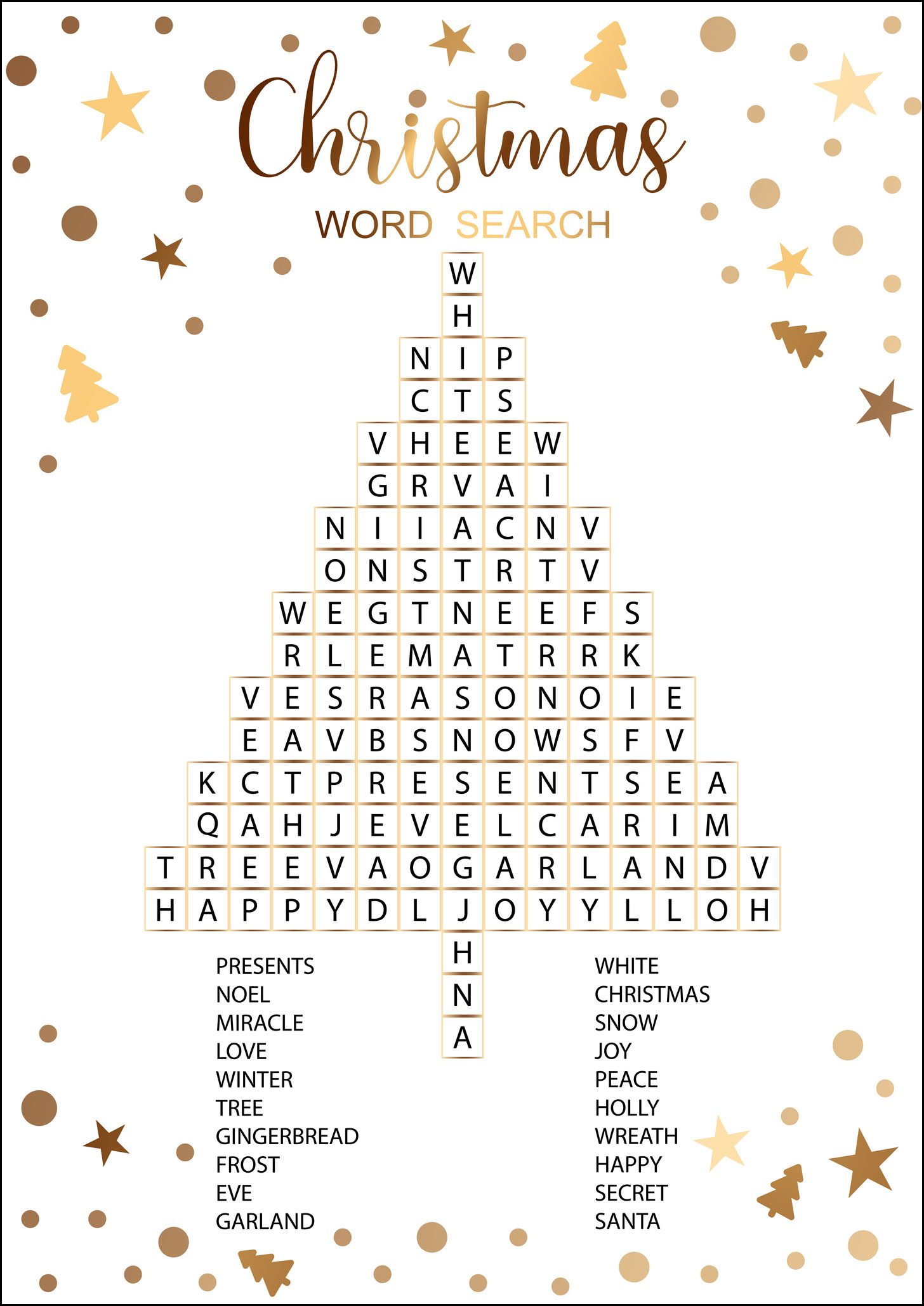 christmas word search puzzle in the shape of a tree