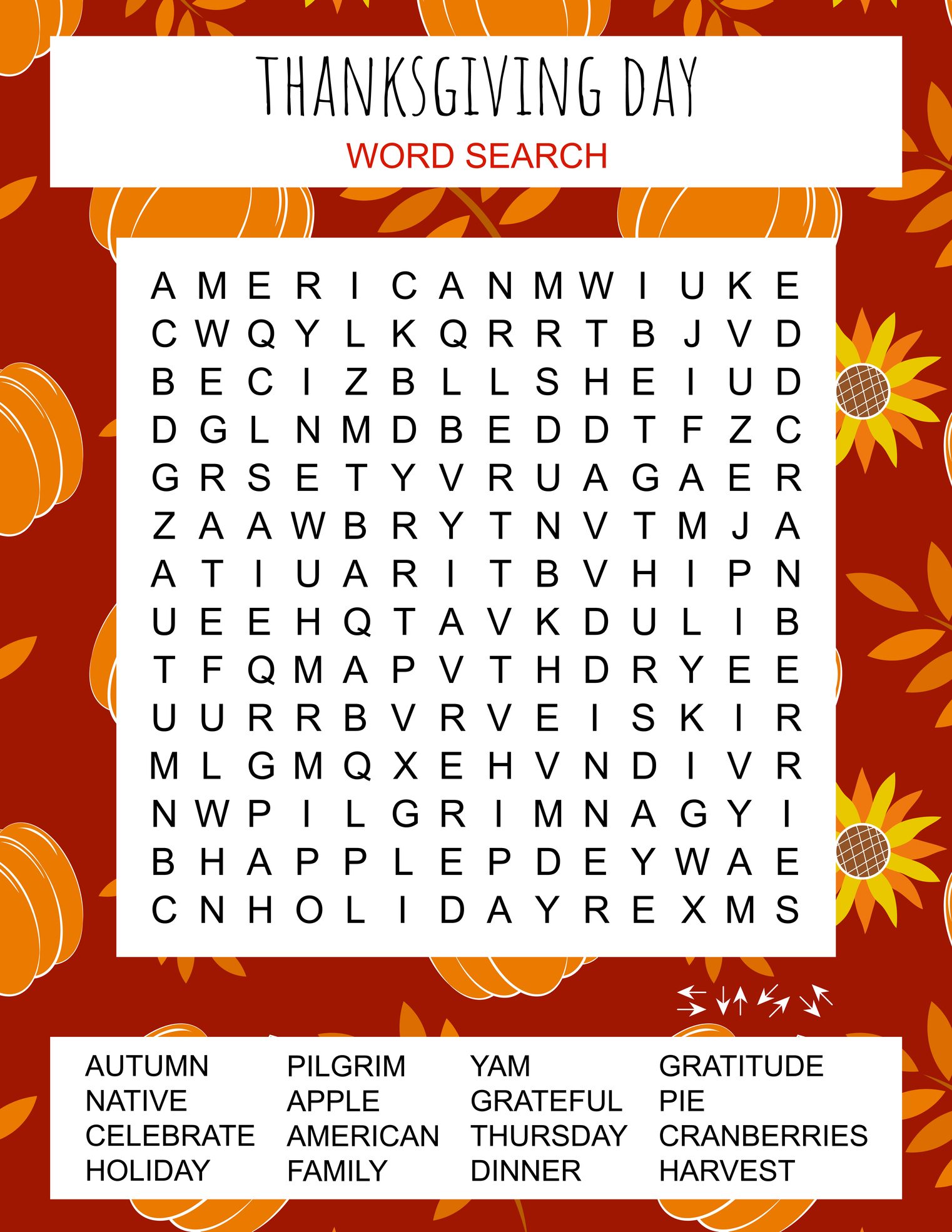 Thanksgiving Day Word Search Puzzle.