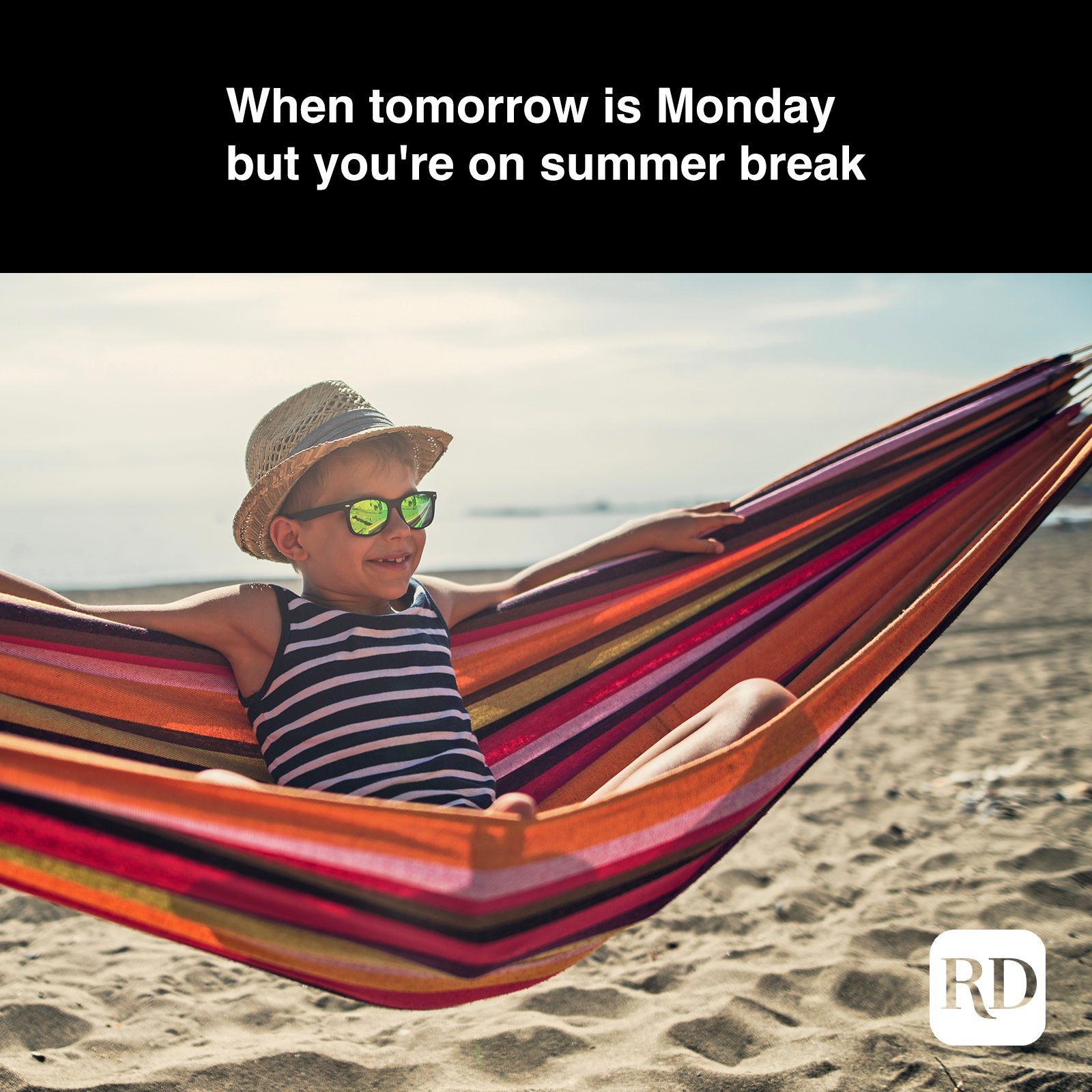 Child relaxing on a hammock MEME TEXT: When tomorrow is Monday but you're on summer break