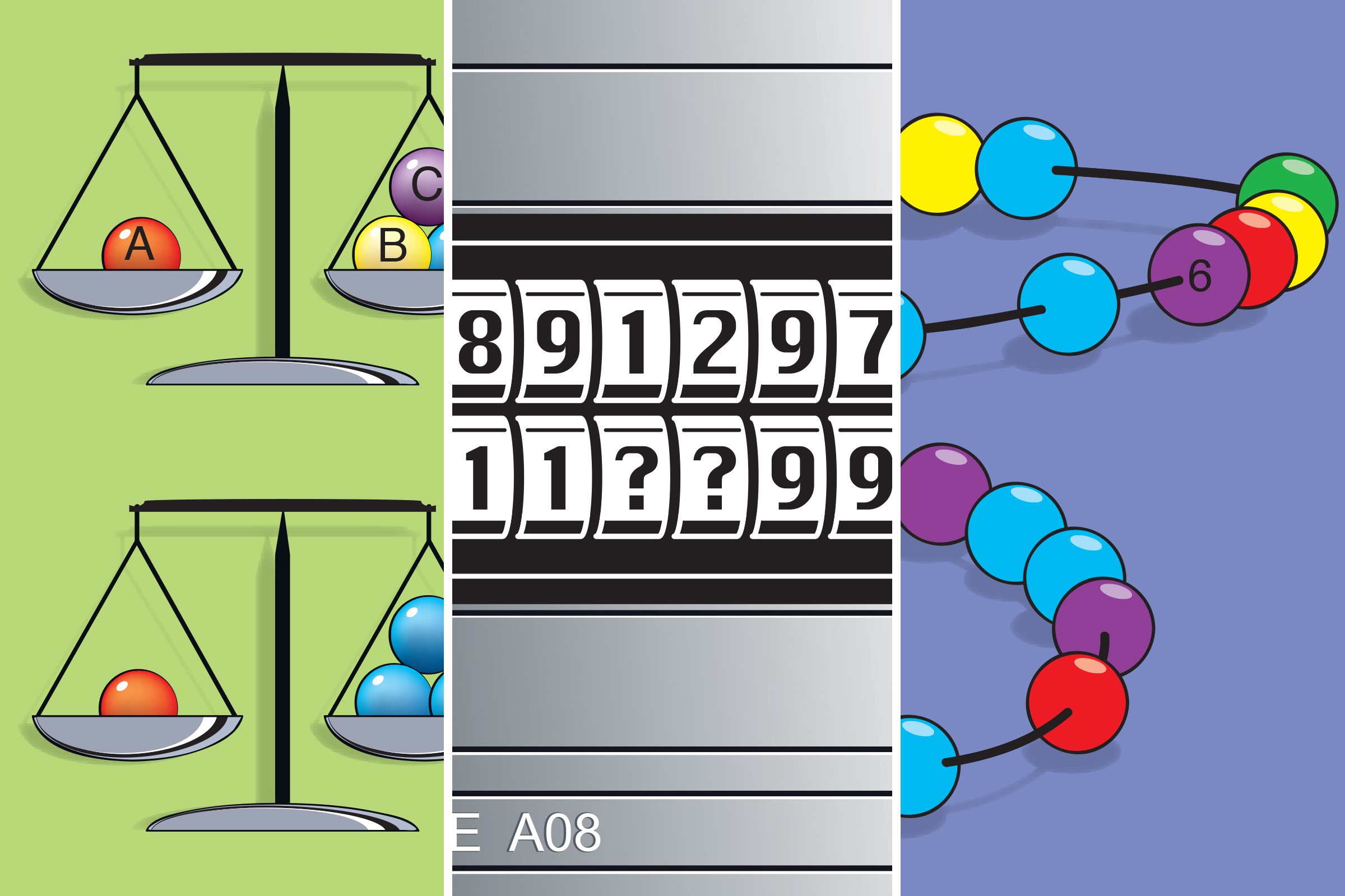 Three brain teaser images spliced into one 3x1 grid