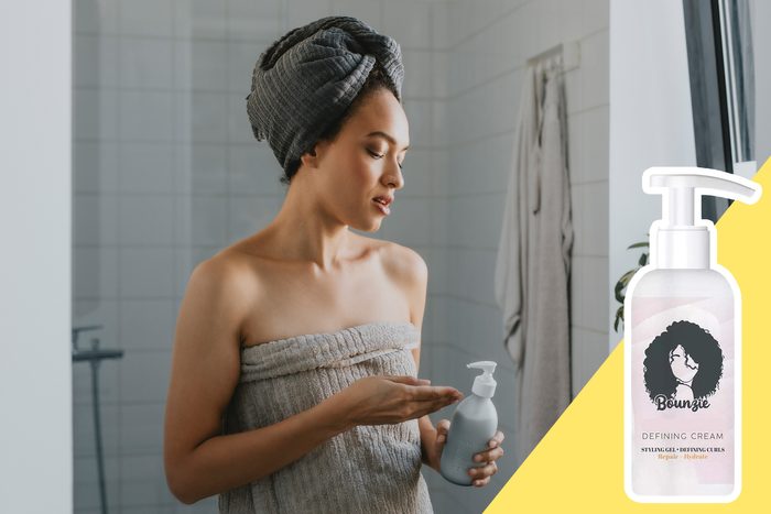 woman using hair cream with inset of hair cream