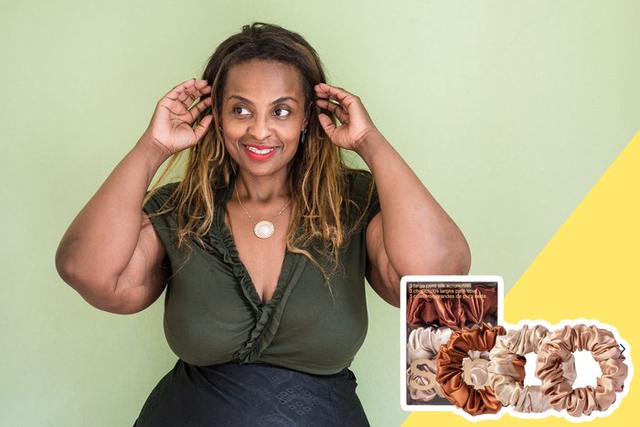 woman touching her hair with inset of scrunchies to buy