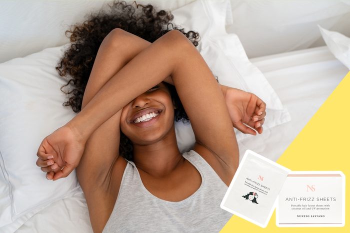 woman waking up with inset of frizzy hair wipes