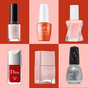 Six nail polish bottles arranged on alternating color background