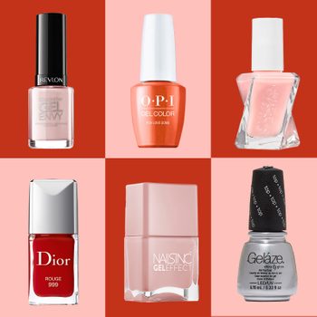Six nail polish bottles arranged on alternating color background