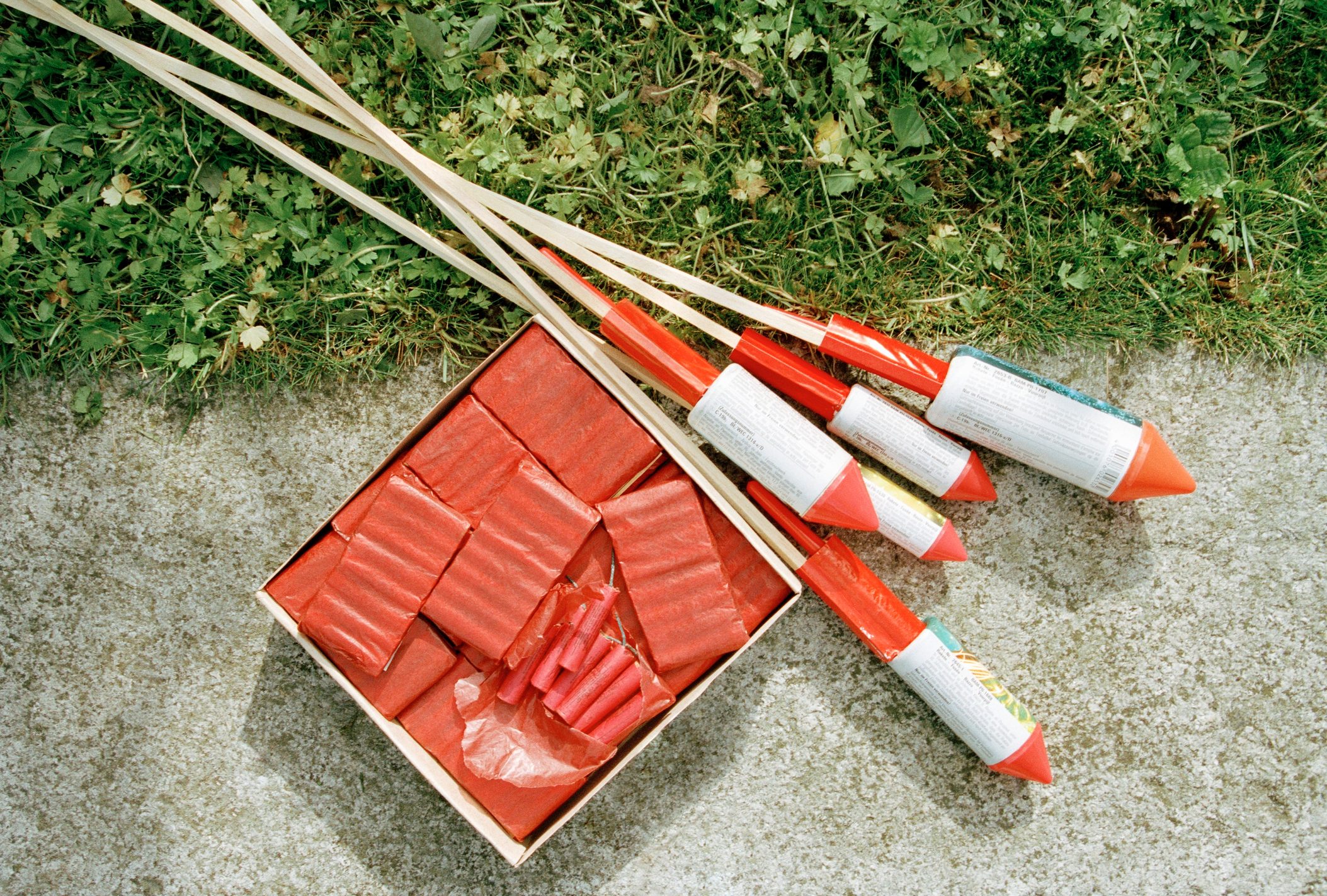 Bottle rockets and fireworks on ground