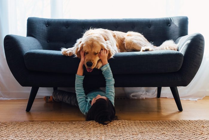 child playing with her golden retriever dog
