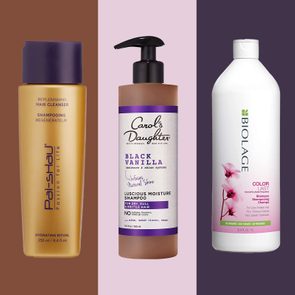 Three shampoos on multicolor background