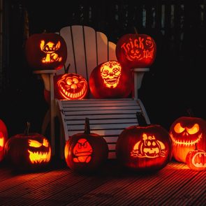 Illuminated carved Jack O Lantern At Night for halloween