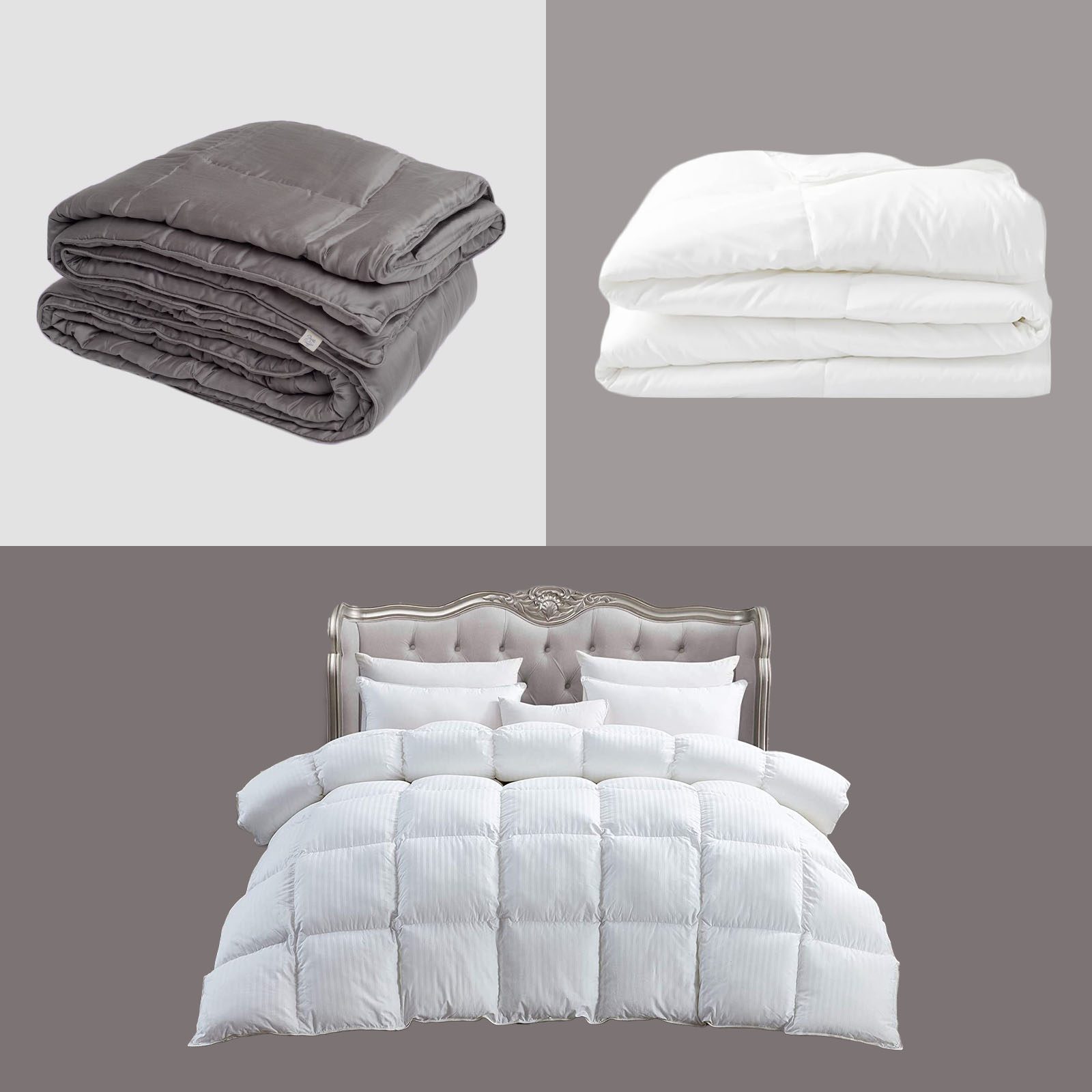 three comforters collaged on multicolor background