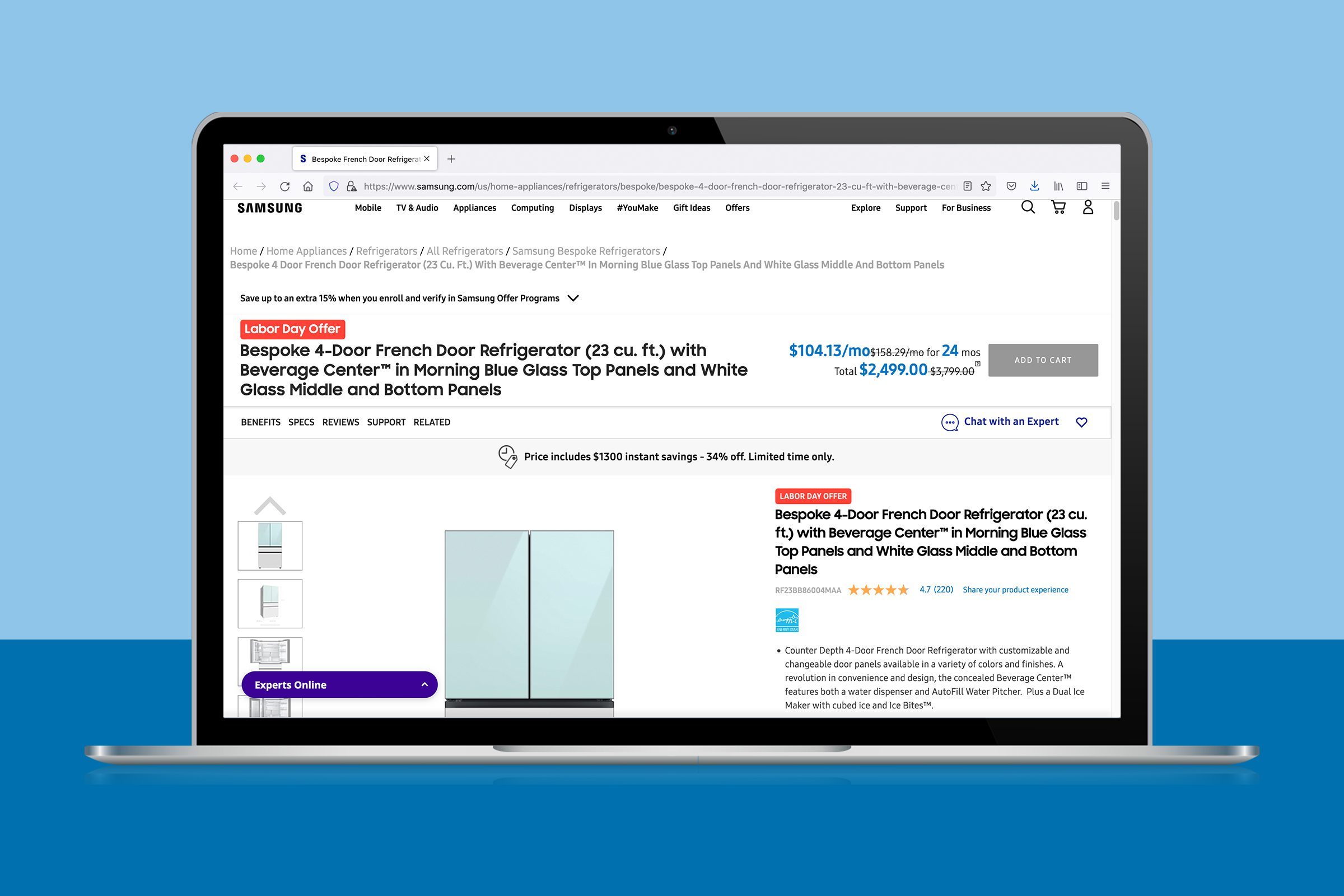 Labor Day Sale on a refrigerator on samsung.com shown on a laptop