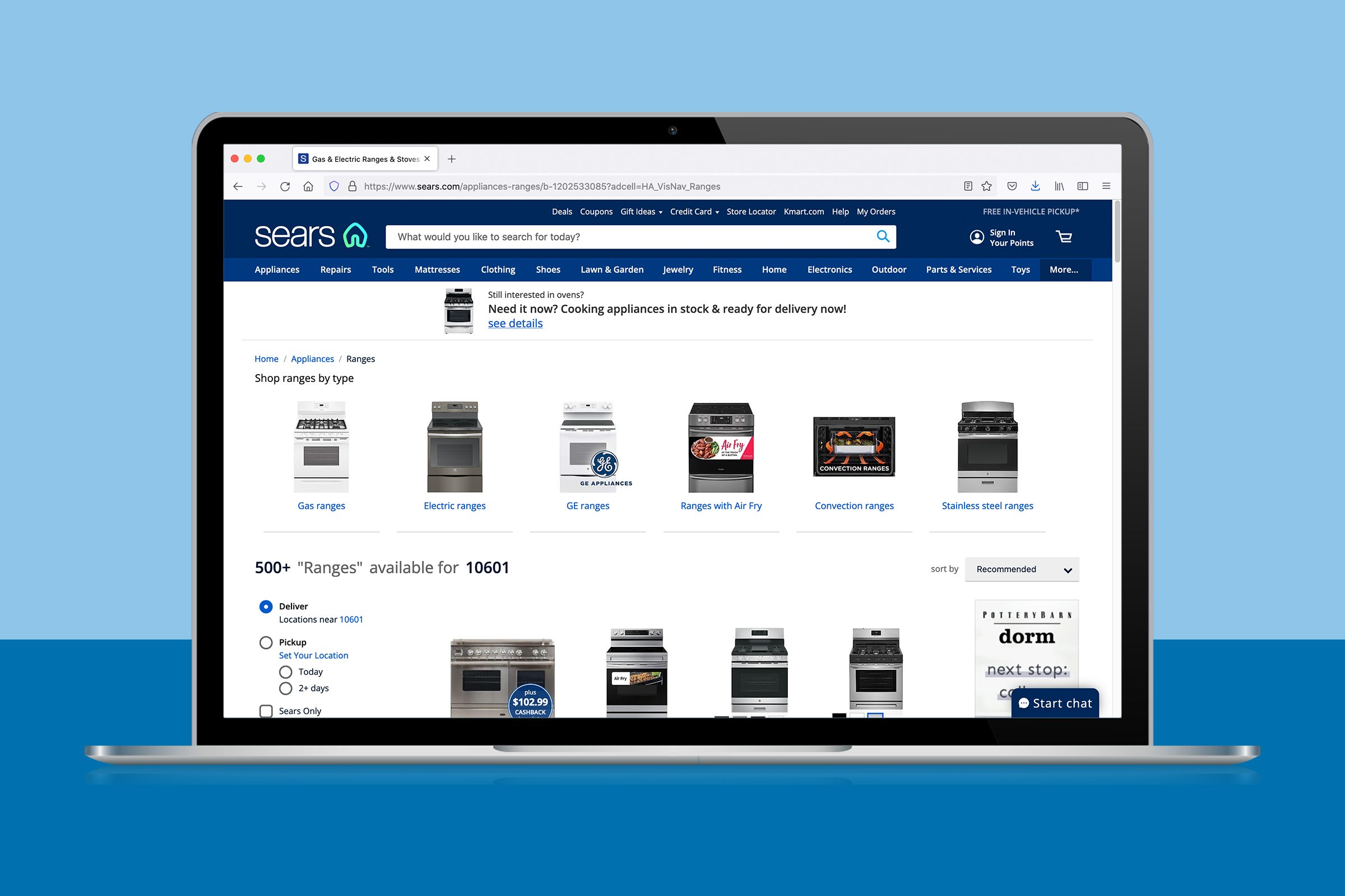 ovens on sale on sears's website shown on a laptop